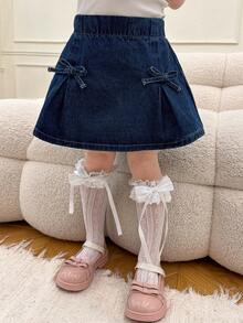 DAZY Váy denim dễ thương kiểu dáng thường ngày cho bé gái, có nơ trang trí, thích hợp cho mùa hè. - Màu xanh lam - Xem 3