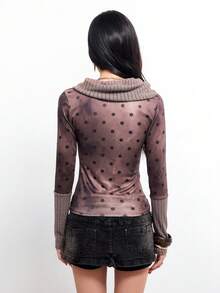 Bloopia 女士Y2K波点印花长袖时尚上衣 - 駝色 - 查看 2