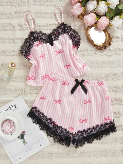 SHEIN Girls Elegant Lace Patchwork Striped Bow Print Satin Camisole And Shorts 2-Piece Pajama Set, Suitable For Home/Indoor Wear, Summer Cute Bow Pajamas For Girls Sleepwear Set Spaghetti Strap