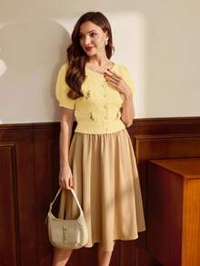 Vintamour 女士刺绣圆领短袖休闲针织开衫 - 黃色 - 查看 4