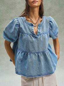 Bohemela Casual Solid Color Woven Loose Fit Short Sleeve Women Shirt