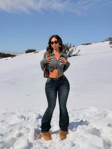 SHEIN PETITE 女士性感修身弹力超低腰蓝色牛仔裤 - 深色水洗藍 - 查看 4