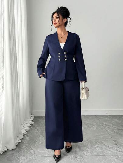Elenzga Plus Size Women's Elegant V-Neck Long Sleeve Cinched Waist Double-Breasted Blazer And High-Waisted Straight Leg Pants Suit Set, Navy Blue, Spring/Summer
