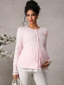 Momance Maternity Cardigan Sweater, Fitted Style With Floral Decor, Lace Trim At Collar & Cuffs, Waist Tie, Heart Button Design, Casual Elegant For Daily Wear & Dates, Long Sleeve Maternity Sweater Jacket - Pink - View 4