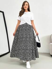 SHEIN Essnce Plus-Size Women's Summer Two Pieces Set, Short-Sleeved Set, Printed Half Skirt Two Pieces Set, Plus-Size Women's Casual And Comfortable Set, Printed Women's Clothing,Summer Outfits For Women Lounge Sets For Women Vacation Two Pieces Set 2 Piece Summer Outfit Summer Sets For Women 2 Piece Skirts Sets Two Peice Skirt Set Summer Long Skirt Sets Summer - White - View 7