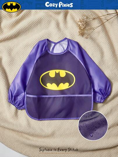 BATMAN X Cozy Pixies 1件印花防水婴儿喂食围兜，长袖，易清洗