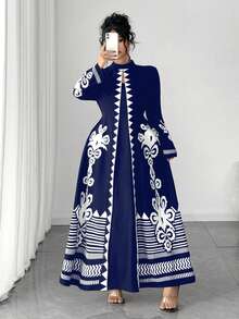 Elenzga Đầm dài dáng suông họa tiết hoa vintage cỡ lớn, đầm dáng suông thanh lịch họa tiết hình học cỡ lớn, thích hợp cho phụ nữ công sở mặc vào mùa thu. - Màu xanh lam - Xem 4