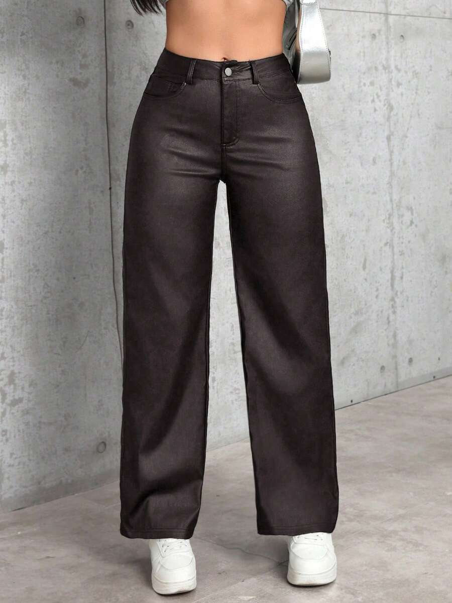 SHEIN PETITE Women's Solid Color Slant Pocket Casual Straight Leg Pants ,Petite Women - Coffee Brown - View 1