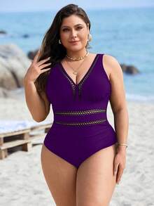 Swim Lushoire Plus Size Women One-Piece Solid Color Hollow Front Waist Ruched Vacation One Piece Swimsuit - Purple - View 6