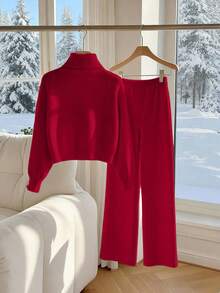 Franclia 2pcs/Set Women Casual Loose Fit Sports Style Korean Cute Versatile Wide Leg Pants & Sweater Set, Autumn/Winter - Red - View 2