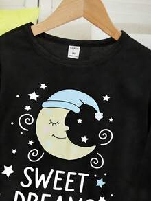 Genkimix Kids 少女睡衣套装 - 两件套睡衣，月亮星星印花，黑色搭配浅蓝色和黄色，圆领长袖上衣和配套长裤，2026夏季假日必备，可爱舒适睡衣，礼物佳品