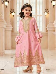 Young Girls' Elegant Abaya With Middle Eastern Totem Foil Print, Gold Collar Flower, Bell Sleeves, And Gold Lace Trim Robe - Pink - View 5