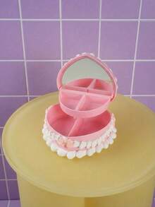 Joivida 1个心形饰品收纳盒，带镜子和抽屉 - 逼真的草莓奶油蛋糕设计，粉白相间的塑料桌面收纳盒，适用于项链、耳环、发带等 - 情人节、母亲节礼物（无需电源），珠宝礼盒，浪漫唯美装饰品 - 彩色 - 查看 2