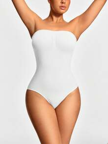 SHAPORA Women's Solid Color Minimalist Bandeau Bodysuit, Fashionable Slim Fit - White - View 6