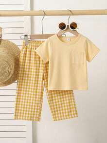 SHEIN Playful Pals 2pcs Toddler Baby Girls Casual Cute Solid Yellow Chest Pocket Short Sleeve Round Neck T-Shirt Tee Top And Gingham Plaid Checkered Print Wide Leg Pants Trousers Two Piece Set Soft Comfy Loose Fit Clothes Outfits For Holiday Daily Summer Spring - Yellow - View 8