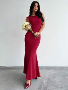 Firerie 女士优雅浪漫约会派对长裙，红色无袖船领露背大蝴蝶结装饰荷叶边下摆修身长裙，适合情人节约会，优雅大方，新款女士连衣裙 - 紅色 - 查看 3