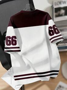 SHEIN EZwear 休闲简约圆领短袖宽松女式T恤，深玫瑰红色，印有数字66图案 - 彩色 - 查看 4