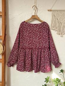 EMERY ROSE Plus Ditsy Floral Print Flounce Sleeve Peplum Blouse,Flower/Spring/Summer/Vacation - Red and White - View 7