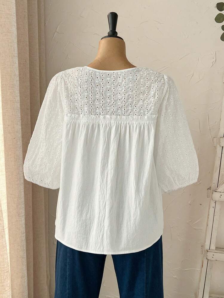 Plus Size Women's Summer Casual Vacation Country Loose Fit Solid Color Notched Collar Embroidered Casual Loose All White Blouse,Comfortable And Breathable,Summer Holiday,Spring Break,Vacation,Holiday,Going Out,2026 New,Simple And Fashionable For Everyday Wear,Casual Vacation Boho Top, Eyelet Blouse, White Blouse,Suitable For Summer, Vacation, Commute, Daily Wear