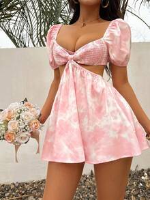 Sunnyshic 女士休闲度假百搭时尚扎染印花泡泡袖迷你连衣裙，春夏款 - 淺粉色 - 查看 6
