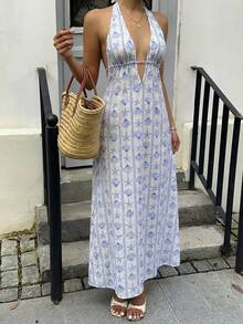 Sunnyshic Women's Blue Bamboo Knot Seashell & Starfish Print Deep V Neck Backless A-Line Maxi Dress, Elegant Minimalist Bohemian Style For Spring/Summer Vacation, Beach, Date, Everyday Wear - Blue - View 4