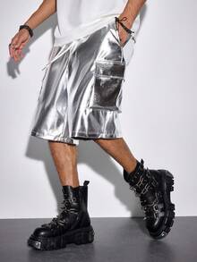 ROMWE MEN Street Life 男士纯色抽绳腰休闲工装短裤 - 銀色 - 查看 7