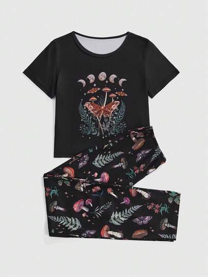 ROMWE Fairycore 3pcs Women Gothic Hippie Moon, Sun, Star, Moth, Mushroom & Plant Print Short Sleeve Top, Shorts & Pants Pajama Set