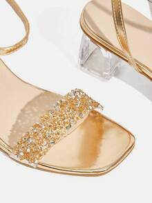 CUCCOO TILAWA Women's Fashion Crystal Embellished Square Toe Chunky Heel Sandals - Champagne - View 5