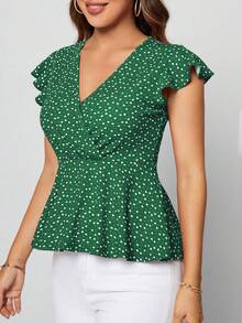 SHEIN Clasi Camiseta con estampado de corazón y mangas de mariposa con volante - Verde Oscuro - Ver 6