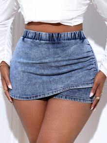 SHEIN SXY Plus Size Solid Color Wrap Tight Denim Skort - Dark Wash - View 1
