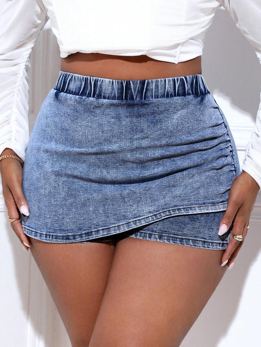 SHEIN SXY Plus Size Solid Color Wrap Tight Denim Skort - Dark Wash - View 1
