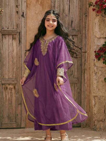 مجموعة رداء طويل بأسلوب الشرق الأوسط للبنات، لون المشمش، بأكمام طويلة، ملابس احتفالية للأطفال، 2 قطعة/مجموعة