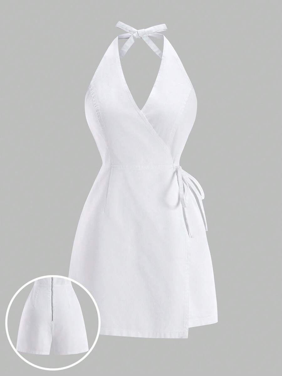 SHEIN MOD Robe en jean d'été pour femmes, col ras-du-cou sans manches, croisé et noué, couleur unie - Jean bleu - Voir 1