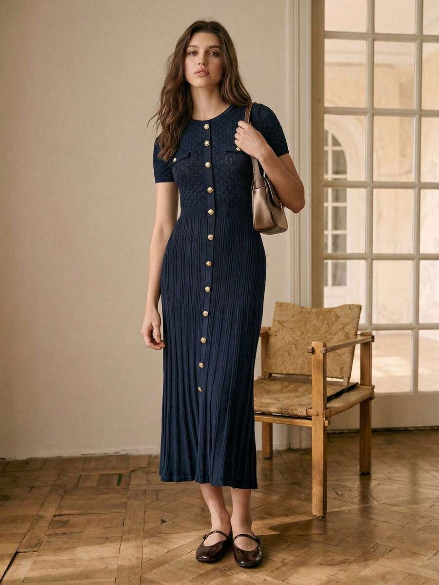 BizChic Đầm cổ tròn mùa xuân/hè mới với cúc kim loại trang trí, họa tiết đan hình thoi, bo dọc, dáng chữ A, xẻ tà phía trước, thắt eo, tôn dáng, màu xanh navy. - Màu xanh hải quân - Xem 1