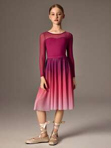 SHEIN 少女长袖渐变修身紧身衣，舒适、弹力十足且柔软，适合舞蹈、瑜伽、芭蕾舞等运动。 - 酒紅色 - 查看 5