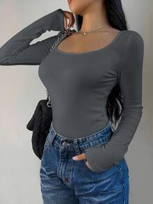 SHEIN BASICS Áo thun nữ tay dài cổ tròn màu trơn, dáng ôm, chất liệu vải giữ nhiệt được nâng cấp, có lớp lót giữ nhiệt mỏng nhẹ, áo thun co giãn ôm sát, thích hợp cho mùa thu và mùa đông. - Xám - Xem 5