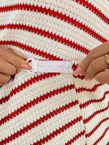 SHEIN Maternity Striped Round Neck Short Sleeve Top And Adjustable Waist Shorts Casual Outfit World Cup - Red and White - View 5