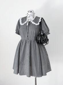 Sunspun 可爱甜美娃娃连衣裙，拼接爱心蕾丝边休闲短裙，夏季 - 黑與白 - 查看 3