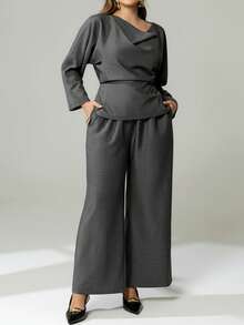 Auralis 2 piezas Conjunto elegante de talla grande para mujer, adecuado para maestras, casual de negocios, ropa de oficina, conjunto de comuter moderno, conciertos/actuaciones, citas, cenas formales, ir y venir, romántico, dama de oficina, estilo de sirena, primavera/otoño - Gris - Ver 3