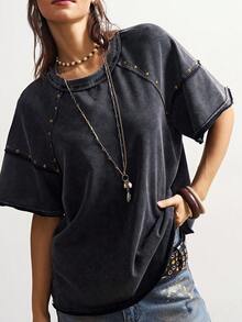 Bohemela Casual Solid Color Knit Round Neck Short Sleeve Loose Washed Women T-Shirt, Studded Punk Casual Top, Summer For Women, Carnival - Black - View 9