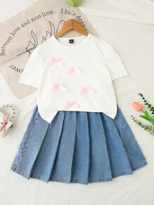 Genkimix Kids 青少年女孩白色短袖T恤配蝴蝶結裝飾與藍色牛仔百褶裙，2件組可愛夏季開學藍白童裝套裝 - 彩色 - 查看 4