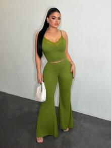 SHEIN SXY Women's Sexy Contrast Lace Slim Fit Camisole And Flare Leg Pants Set, Summer - Green - View 4