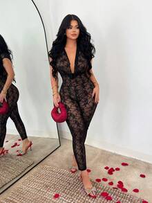 SHEIN SXY 黑色性感蕾丝深V露背连体裤 - 黑色 - 查看 5