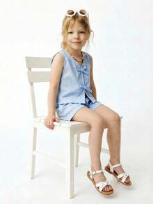 Maija Kids Maija Kids 2件套少女梭织条纹圆领上衣和梭织短裤 - 藍色 - 查看 6