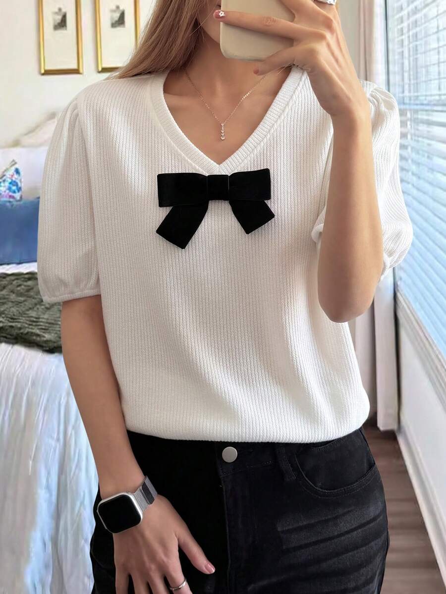 DAZY Women's V-Neck Ribbed Bow Decor Casual Versatile Daily Wear Short Sleeve T-Shirt - White - View 1