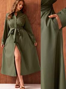 Roveilla 女士优雅法式束腰翻领长袖连衣裙，适合通勤、度假、浪漫下午茶等场合 - 軍綠色 - 查看 1