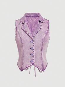 SHEIN MOD Women's Lapel NeckSingle-Breasted Casual Denim Vest Jacket - Purple - View 1