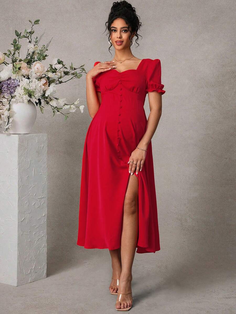 Momance Square Neck Puff Sleeve Waist Button Front Slit Sexy Maternity Dress