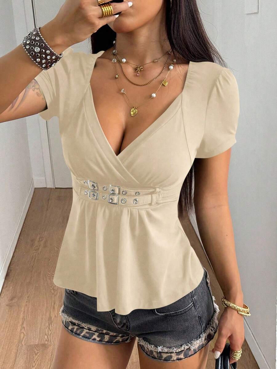 StreetHx 女士纯色收腰喇叭下摆短袖T恤，夏季 - 卡其色 - 查看 1