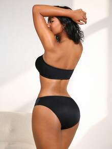 女士纯色简约提花抹胸内裤两件套内衣套装 - 黑色 - 查看 2